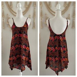Nordstrom BP black scarf mini dress swimsuit coverup floral orange pink xs